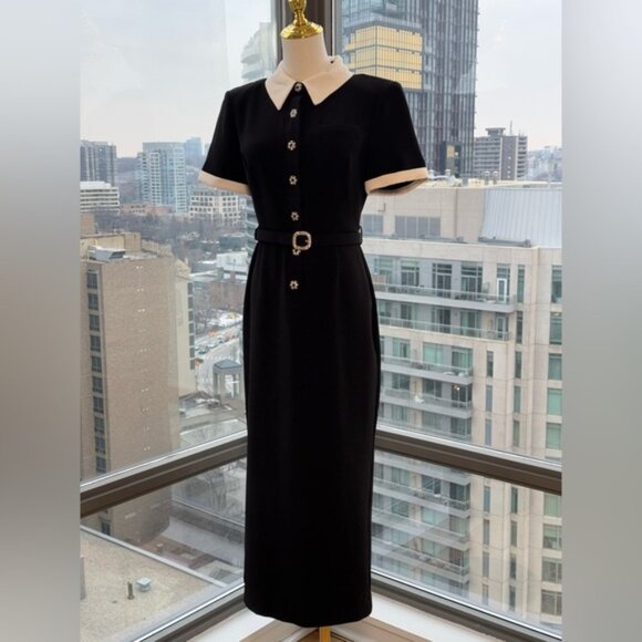 🆕 SELF-PORTRAIT 🧿 Black Belted White Crepe Contrast Midi Dress, Sz UK 10 US 6 - Picture 3 of 16